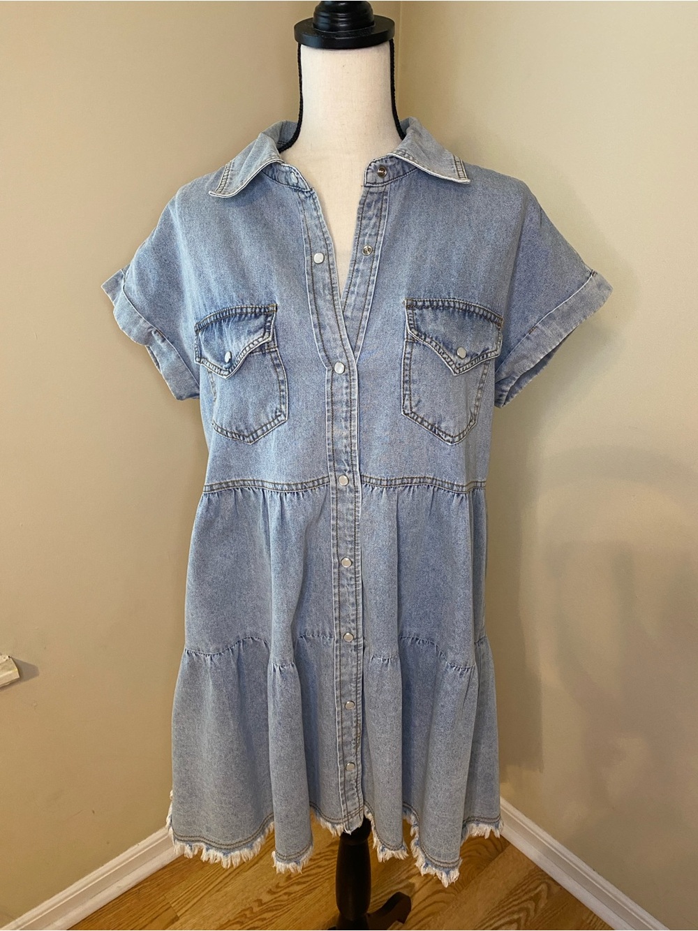 Light Blue Denim Mini Shirt Dress with Tiered Skirt